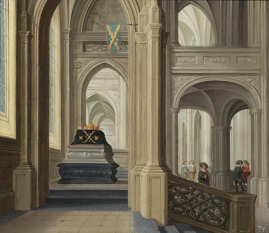 A Church interior with a Royal Tomb probably that of the German Emperor Rudolf II Painting by Dirck van Delen