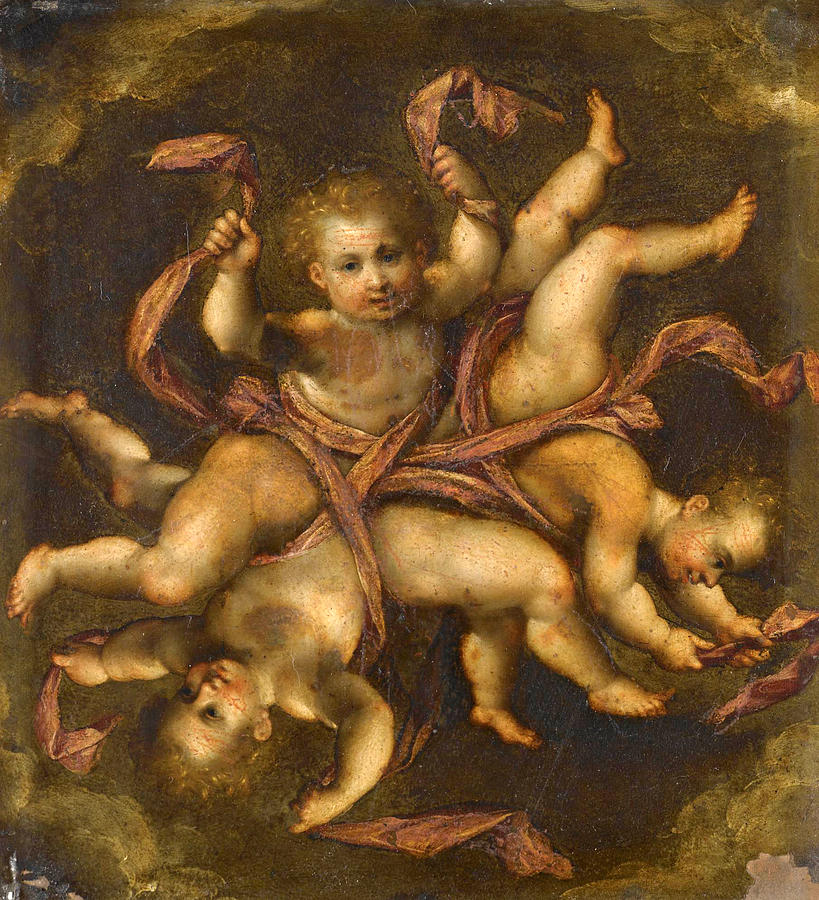 A Circle of Putti entwined with red Drapery Painting by Attributed to Hendrik de Clerck