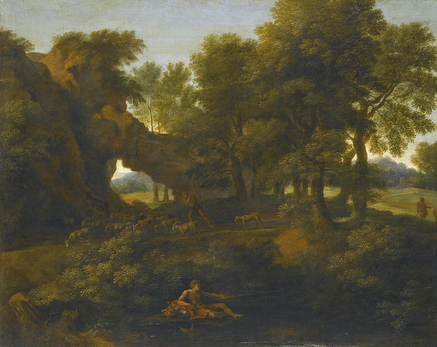 Gaspard Dughet Painting - A classical Landscape with a Fisherman in the foreground and a Herder with Goats on the Path beyond by Gaspard Dughet
