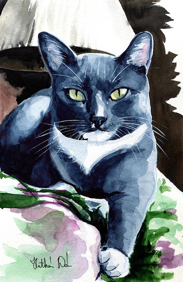 A Classy Blue Tuxedo - Cat Portrait Painting by Dora Hathazi Mendes