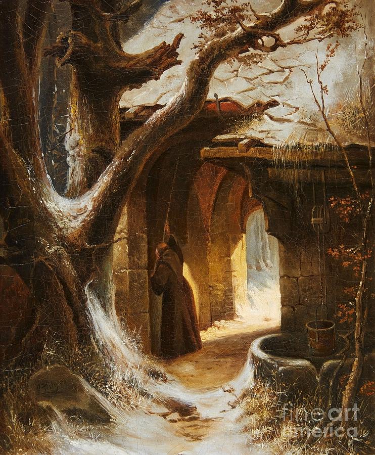 A Cloister in Winter with a Monk Ringing the Alms Bell Painting by MotionAge Designs
