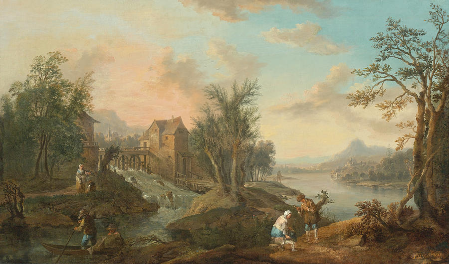 A coastal landscape with figures in a boat and along a path Painting by Jean-Baptiste Lallemand
