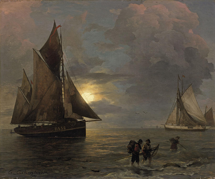 A Coastal Landscape with Sailing Ships by Moonlight  Painting by Andreas Achenbach