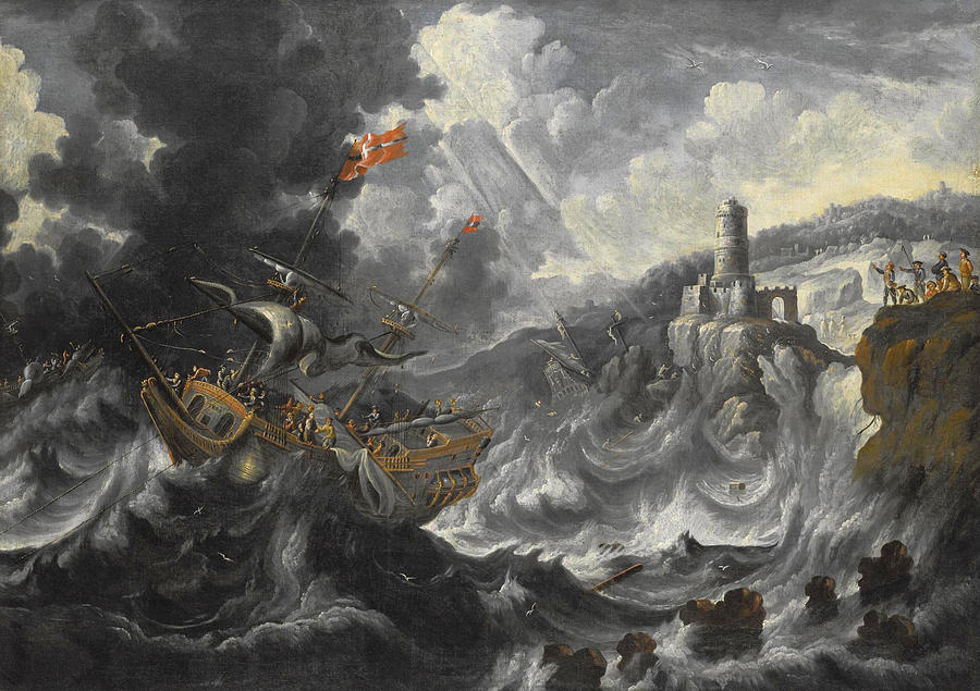 A coastal landscape with shipping caught in tempestuous seas Painting by Cornelis Mahu