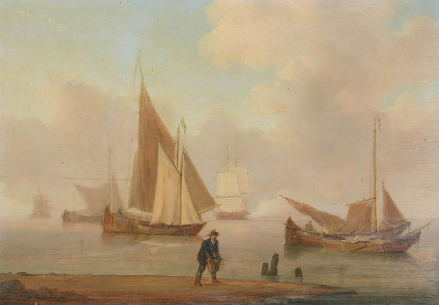 A coastal scene with a fisherman holding a basket Painting by William Anderson