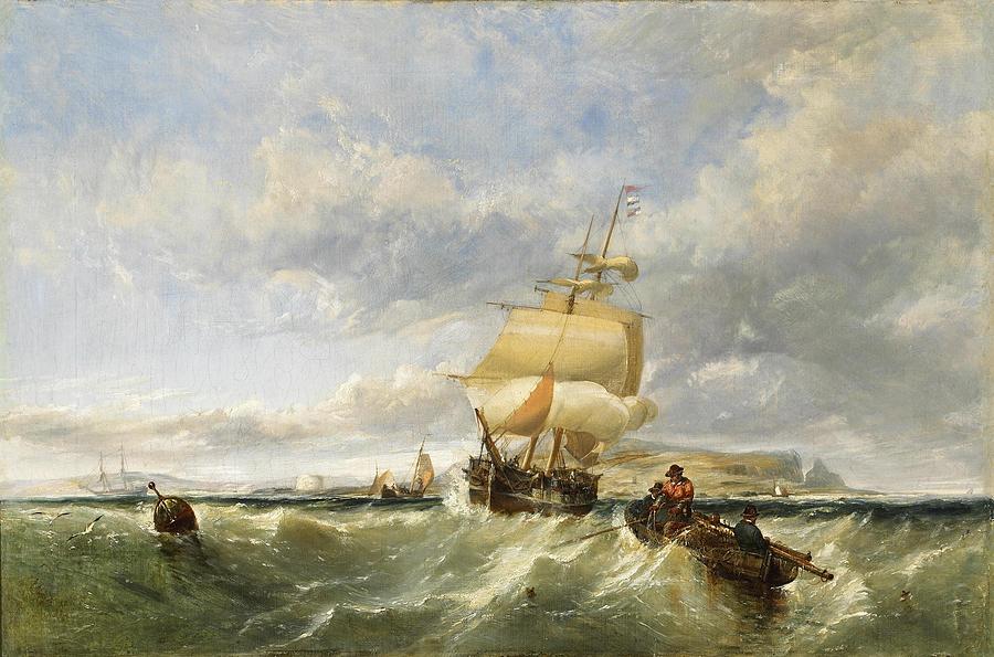  A coastal scene with shipping and figures Painting by Edwin Hayes