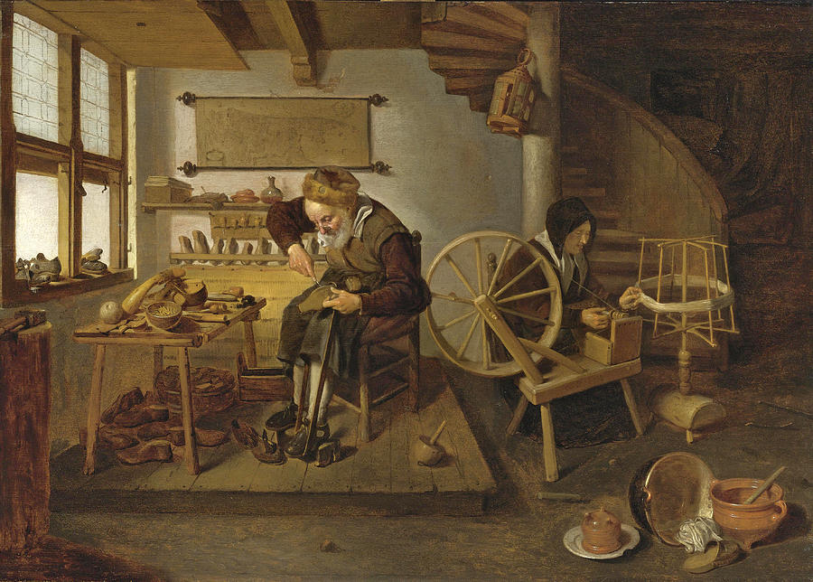 Quiringh Gerritsz Van Brekelenkam Painting - A Cobbler at Work his Wife spinning Wool by Quiringh Gerritsz van Brekelenkam