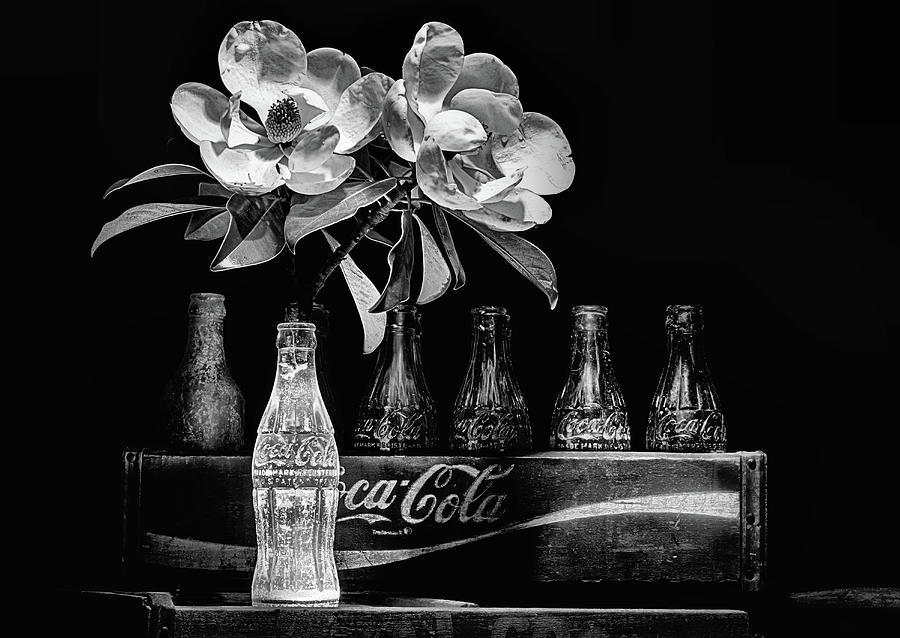 A Coke and Magnolia Still Life Black and White Photograph by JC Findley