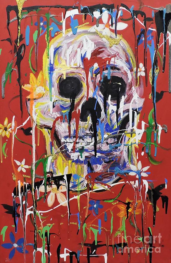 A Colorful Happy Skull In Red Painting by Pedro Flores - Fine Art America