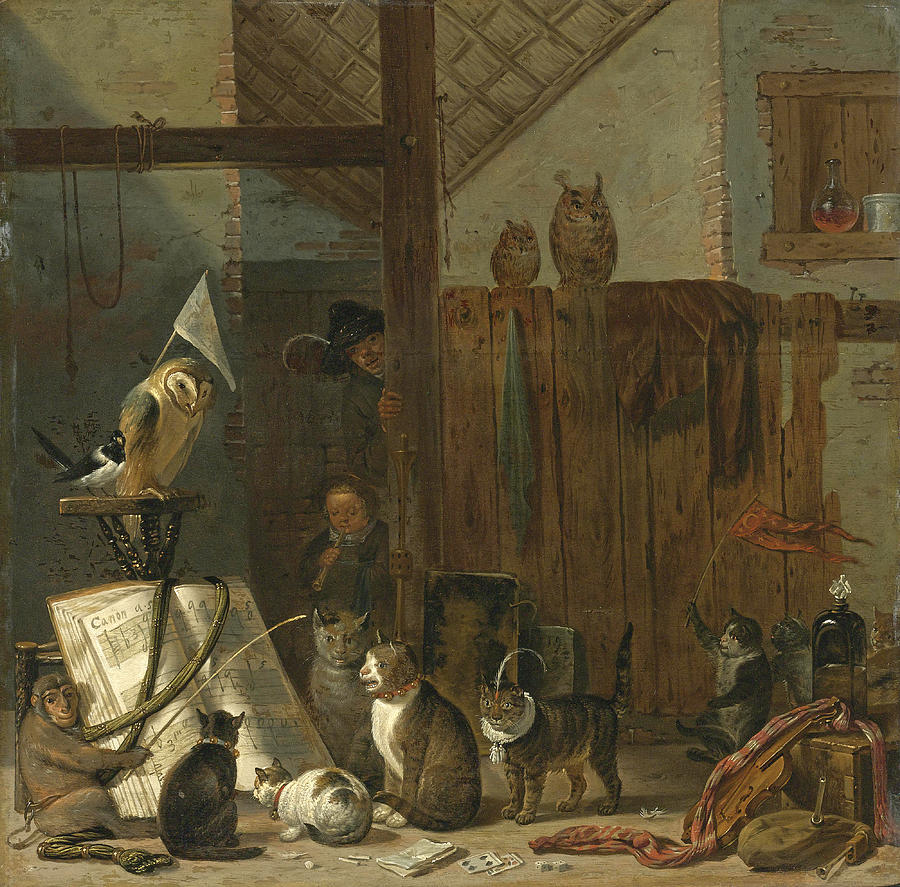 A Concert of Cats Owls a Magpie and a Monkey in a Barn Painting by Cornelis Saftleven