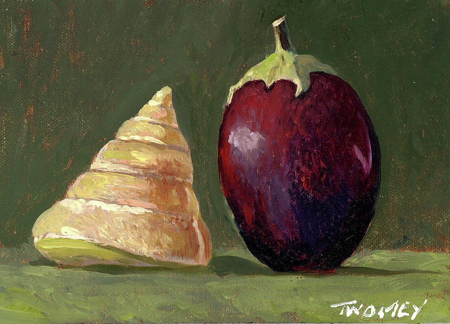 A Conversation, Eggplant Greeting Shell Painting by Catherine Twomey
