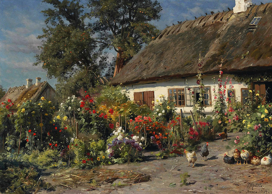 A Cottage Garden with Chickens Painting by Peder Monsted
