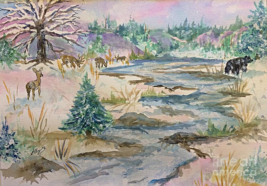 A Country Winter - Deer and Black Bear  Painting by Ellen Levinson