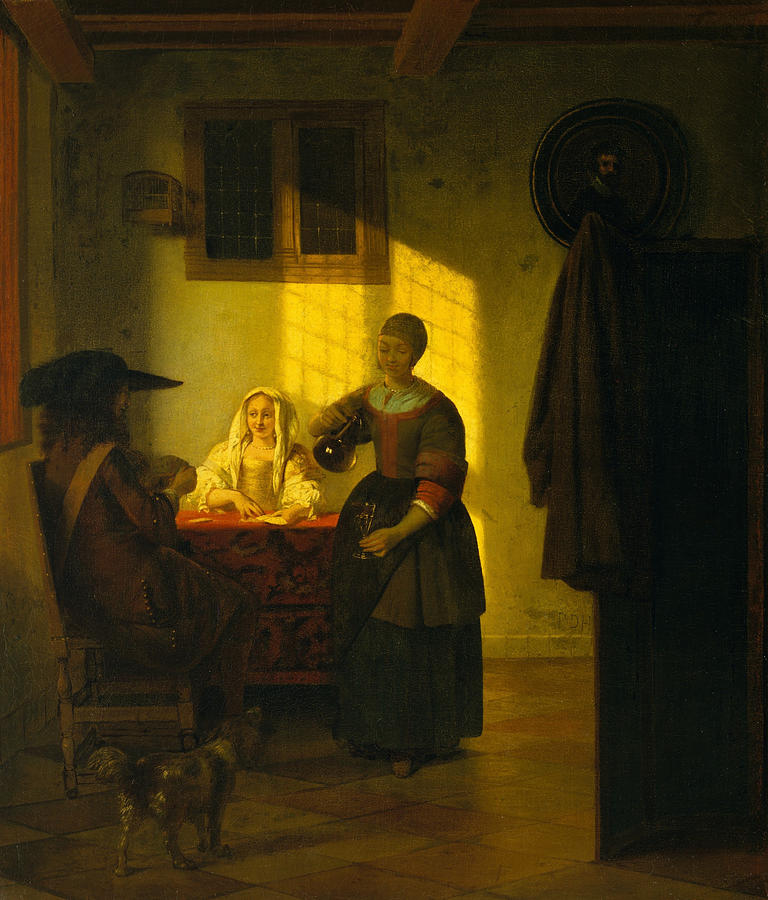 Pieter De Hooch Painting - A Couple Playing Cards, with a Serving Woman by Pieter de Hooch