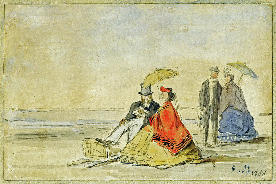 A Couple Seated and a Couple Walking on the Beach Painting by Eugene Boudin