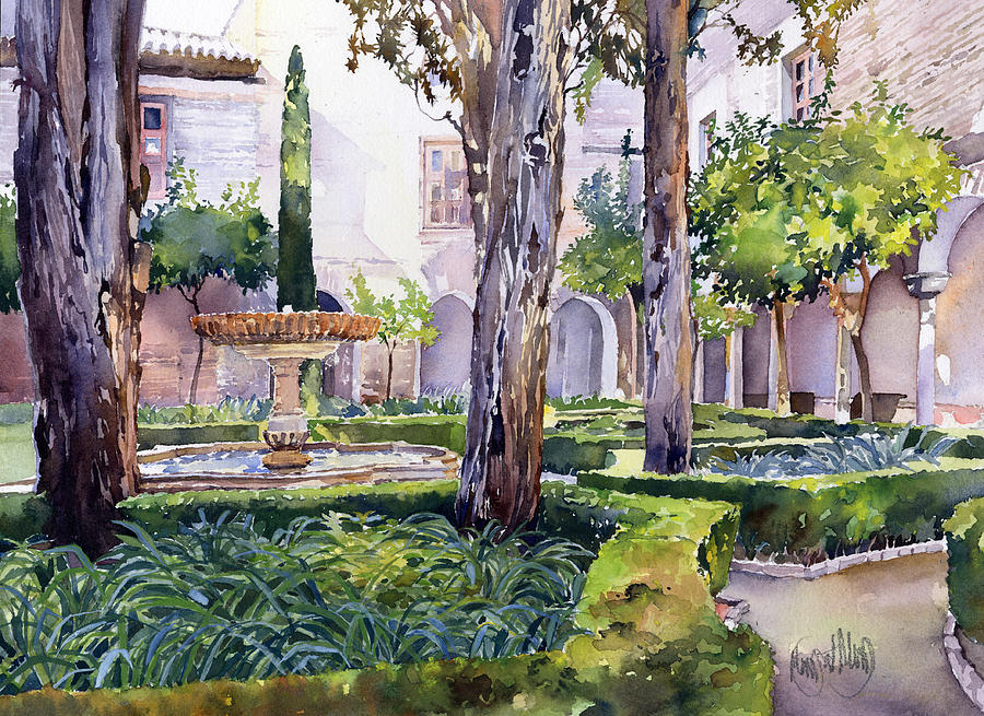 A Courtyard In The Alhambra, Granada Painting by Margaret Merry