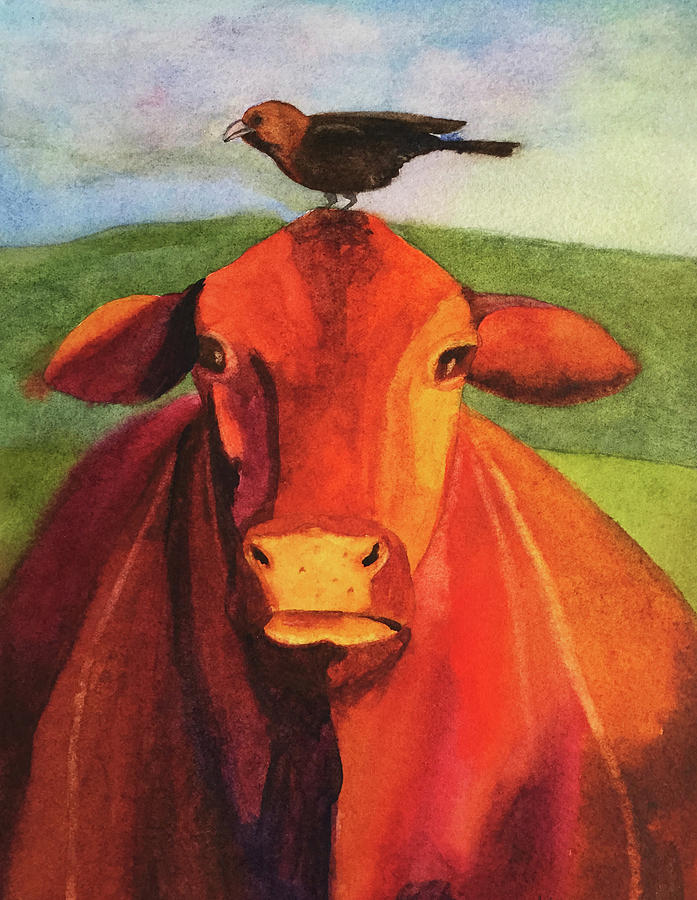 Animal Painting - A Cow and Her Bird by Kerrie Hubbard
