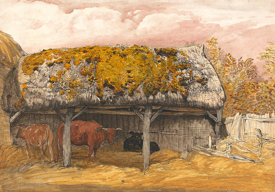 A Cow Lodge with a Mossy Roof  Painting by Samuel Palmer