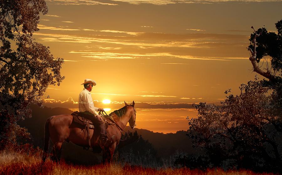 John Wayne Digital Art - A cowboy riding on his horse into a yellow sunset. by Peter Nowell