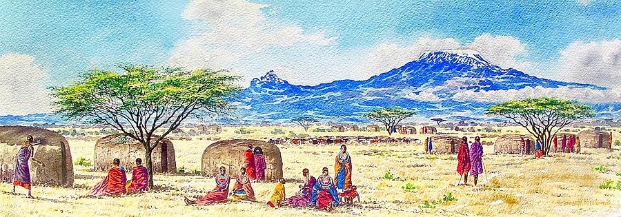 Village Painting - A Day in the Village by Joseph Thiongo