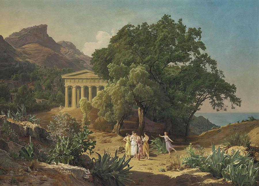 Ferdinand Georg Waldmuller Painting - A Doric temple in Sicily with Castelmola and Taormina by Ferdinand Georg