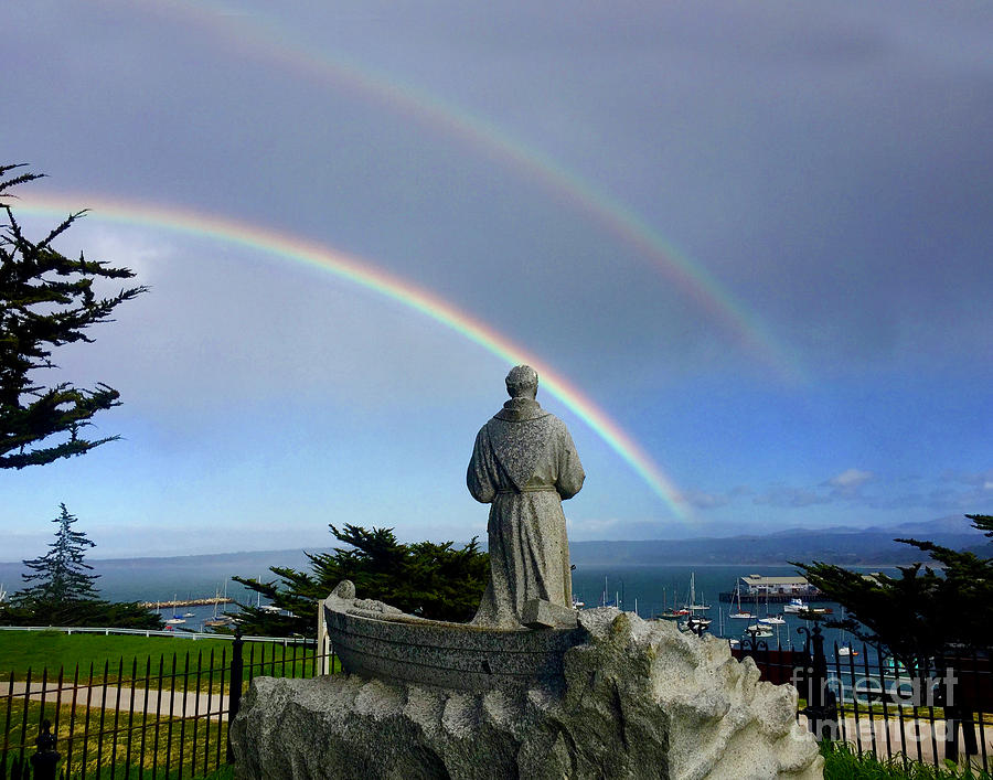 Double Photograph - A double rainbow over the  Serra statue at Lower Presidio of Monterey 2018 by Monterey County Historical Society
