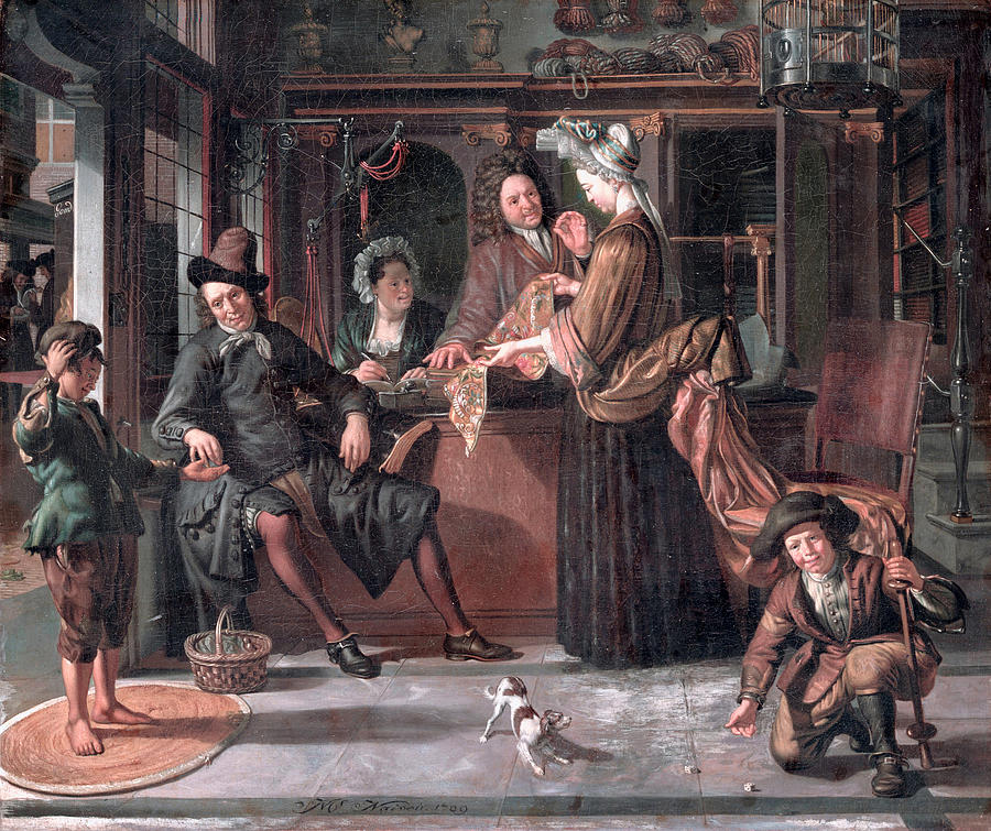 A Drapers Shop  Painting by Matthijs Naiveu