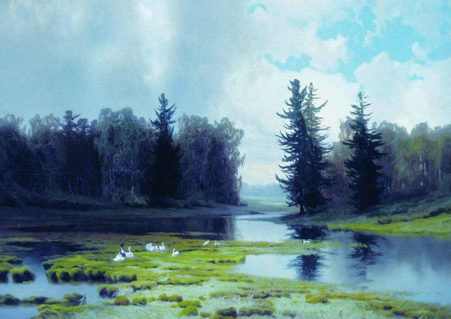 Landscape Impressionism Mixed Media - A Dreary Day At The Pond by Georgiana Romanovna