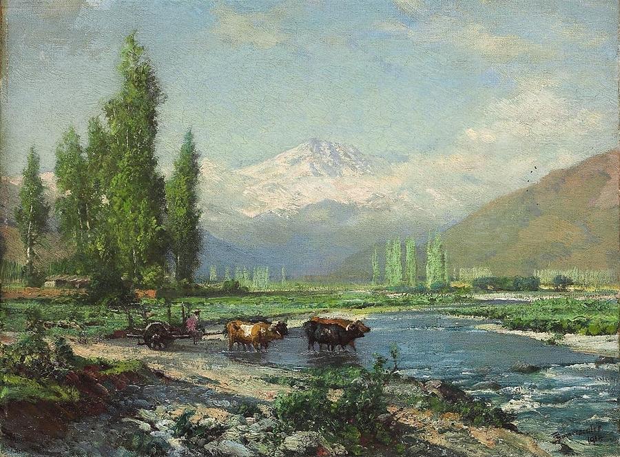 A farmer and oxen fording the Aconcagua river Painting by Thomas Jacques Somerscales