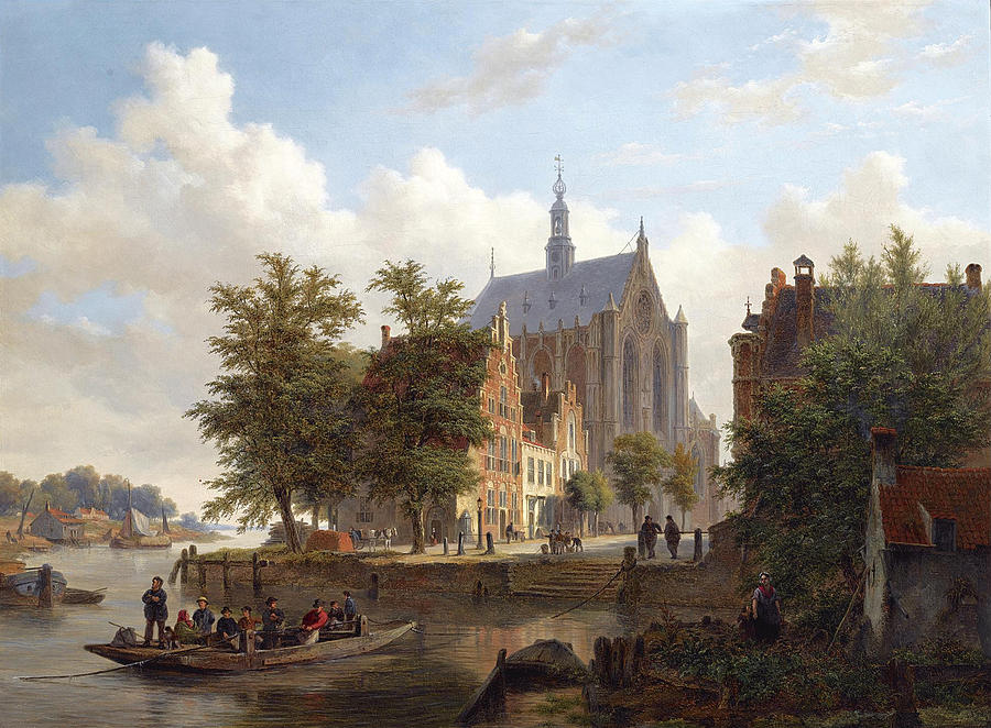 A Ferry crossing the binnen Apaarne Canal in Haarlem the Sint Bavo Church in the Background Painting by Bartholomeus Johannes van Hove
