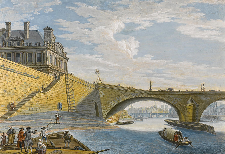 A Ferry on the Seine below the Pont Royal. Paris Drawing by Jean-Baptiste Lallemand