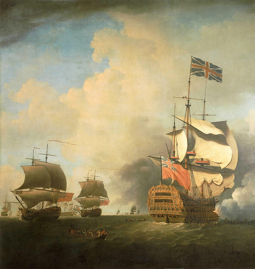 Samuel Scott Painting - A first-rate shortening sail by Samuel Scott