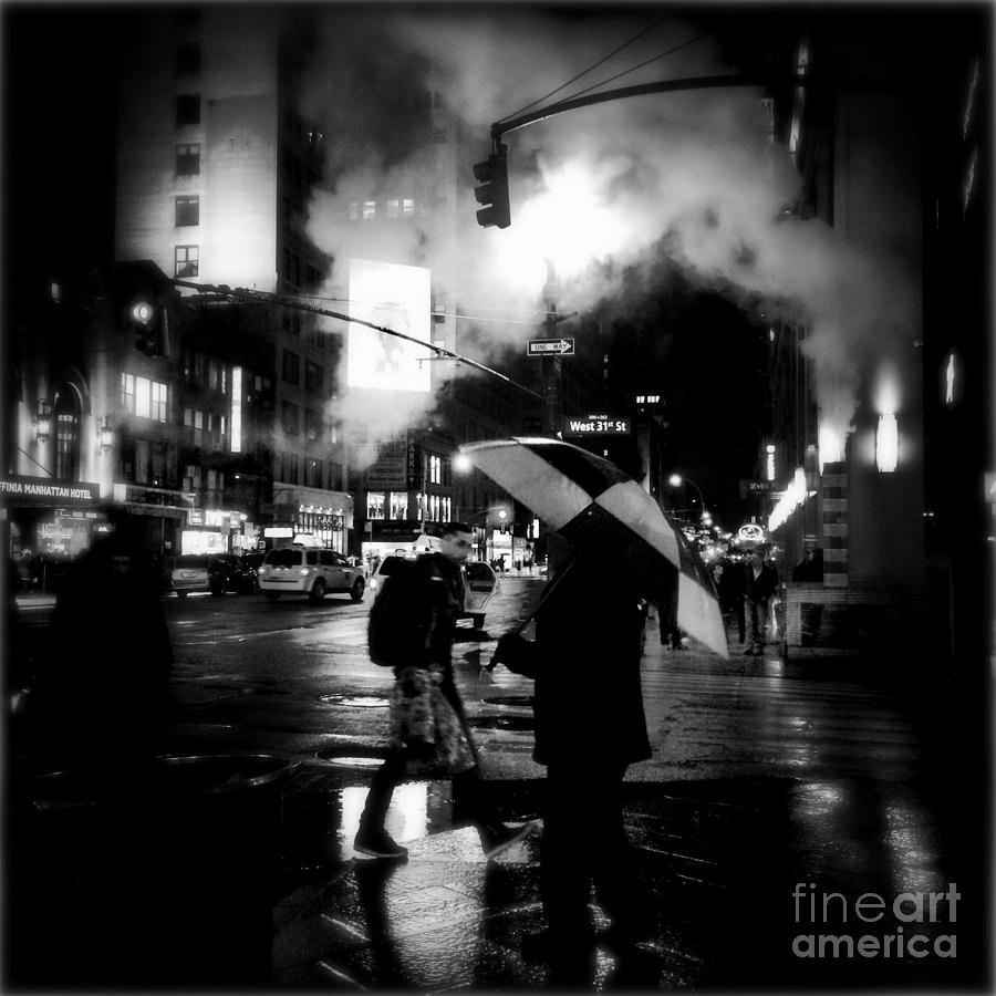 New York City Photograph - A Foggy Night in New York Town - Checkered Umbrella by Miriam Danar