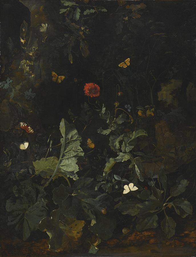 A Forest Floor Still Life with Flowering Plants and Butterflies Painting by Nicolaes de Vree