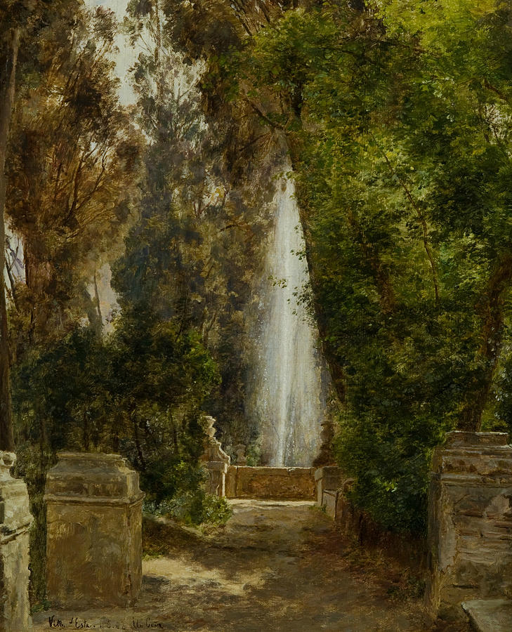 A Fountain at the Villa dEste in Tivoli Painting by Janus la Cour