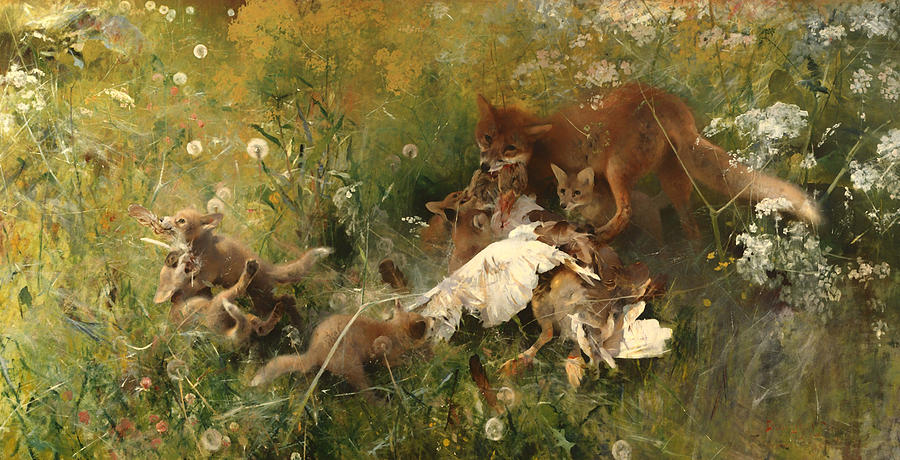 Vintage Painting - A Fox Family by Mountain Dreams