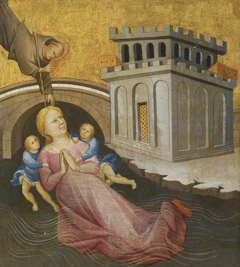 A Franciscan Saint Miraculously saving a Woman from drowning Painting by Gherardo Starnina