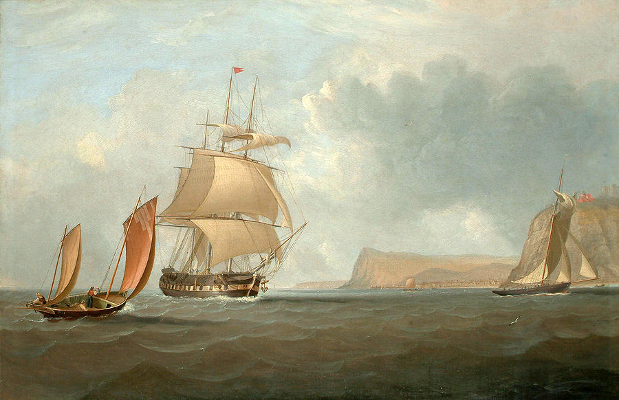 A frigate passing Dover and about to overhaul a revenue cutter inshore below the castle Painting by John Lynn
