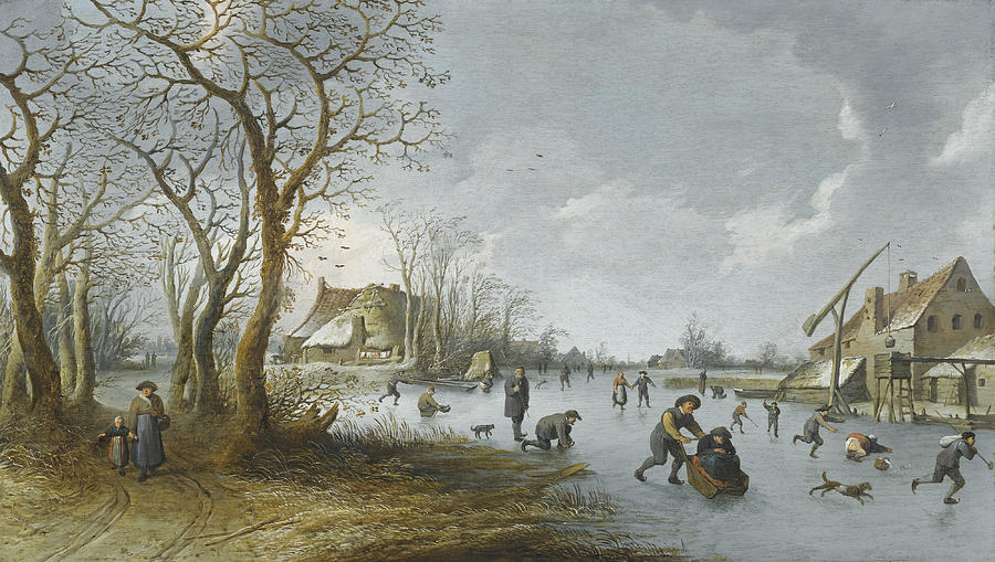 A Frozen River Landscape with a Man pushing his Wife along the Ice in a Sledge Painting by Pieter de Bloot