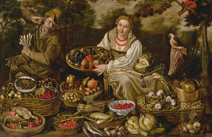 A Fruit and Vegetable Seller, surrounded by her Wares Painting by Vincenzo Campi