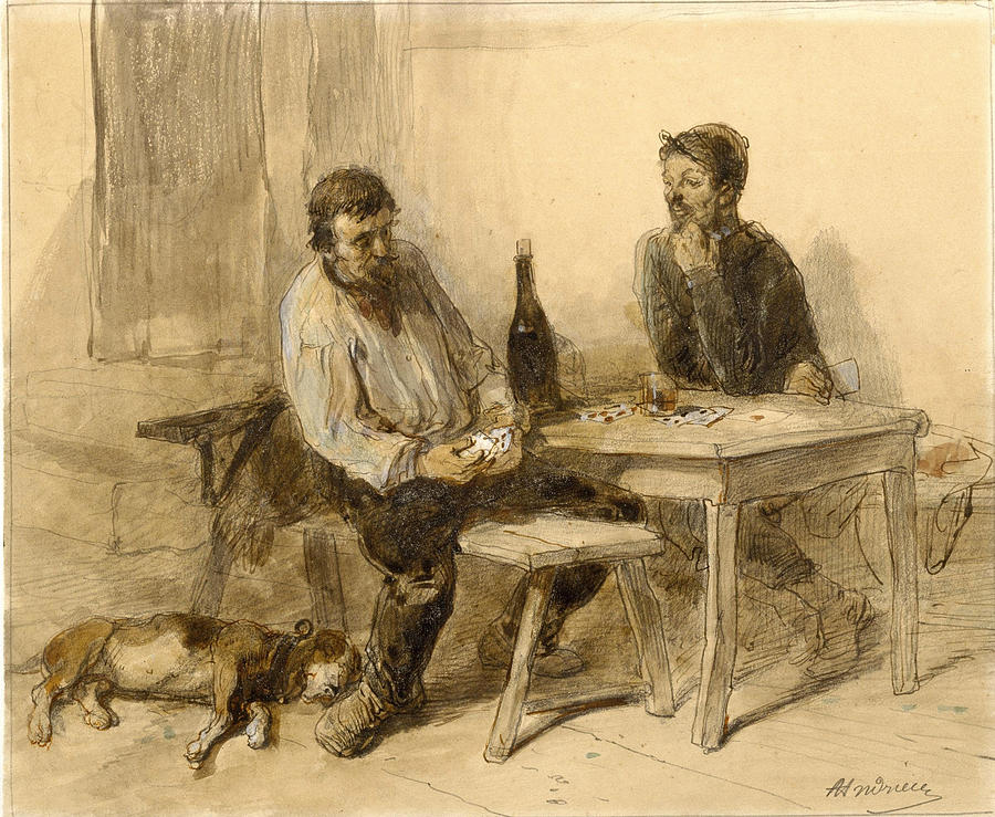 A Game of Cards Drawing by Clement-August Andrieux A Game of Cards Drawing by Clement-August Andrieux