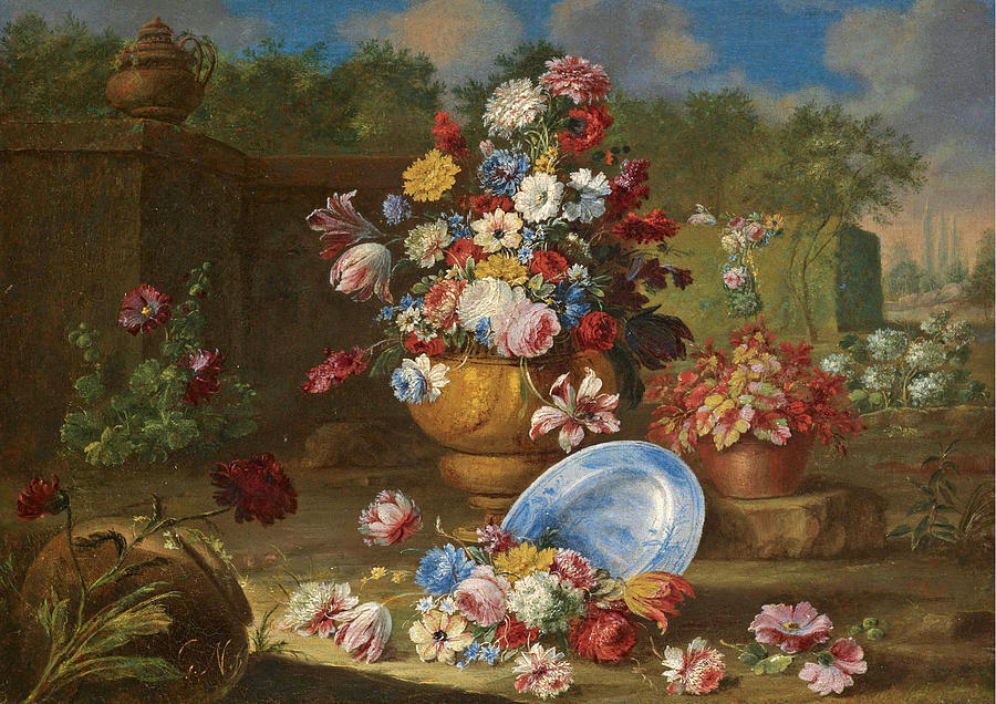 A garden landscape with carnations roses tulips and other flowers in vases an urn to the left Painting by Giacomo Nani