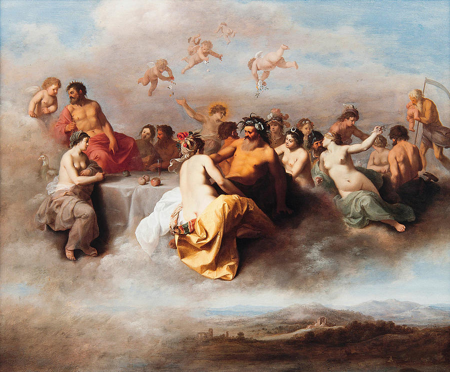 A gathering of the gods in the clouds Painting by Cornelis van Poelenburgh