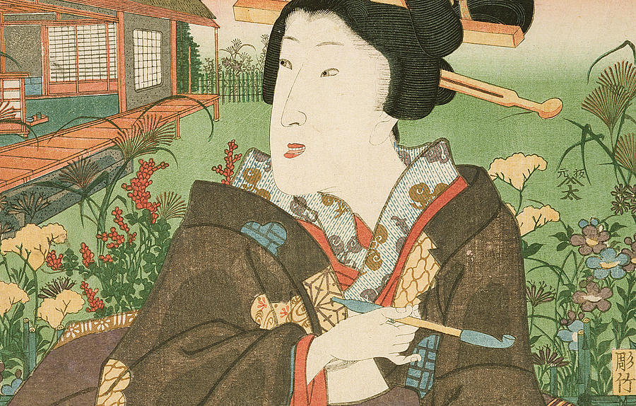 Up Movie Painting - A geisha with a pipe by Utagawa Kunisada