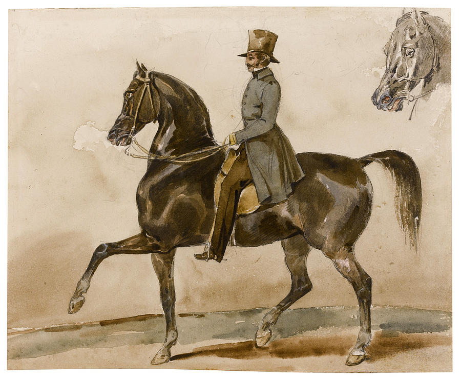A gentleman on horseback with a subsidiary study of the horses head Drawing by Theodore Gericault