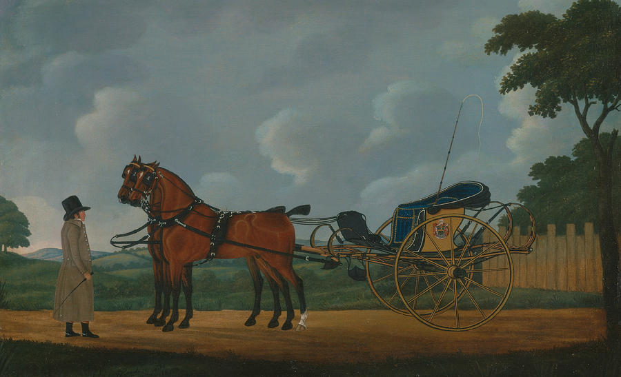 Horse Painting - A Gentleman with His Pair of Bays Harnessed to a Curricle by John Cordrey