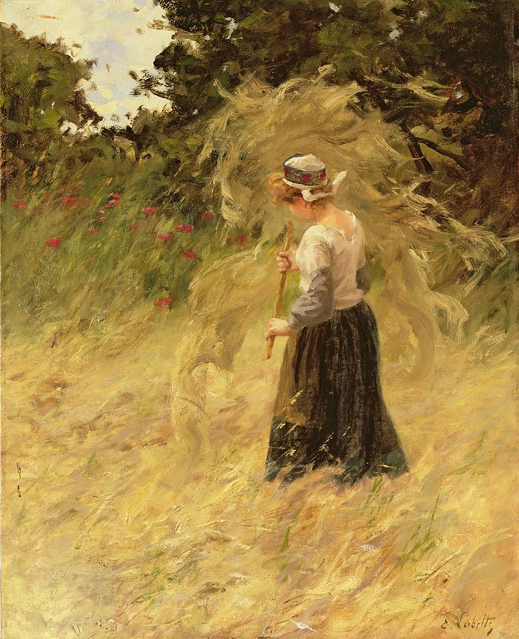 Tree Painting - A Girl Harvesting Hay by Eugene Leon Labitte