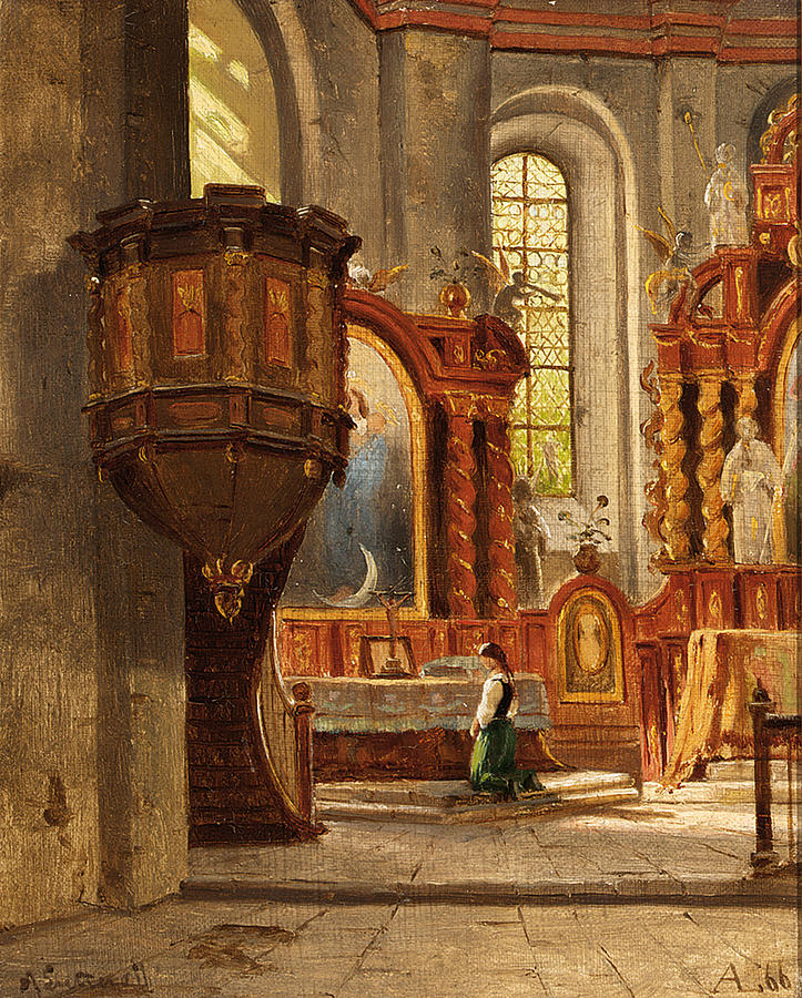 A Girl in a Church Interior Painting by Ascan Lutteroth