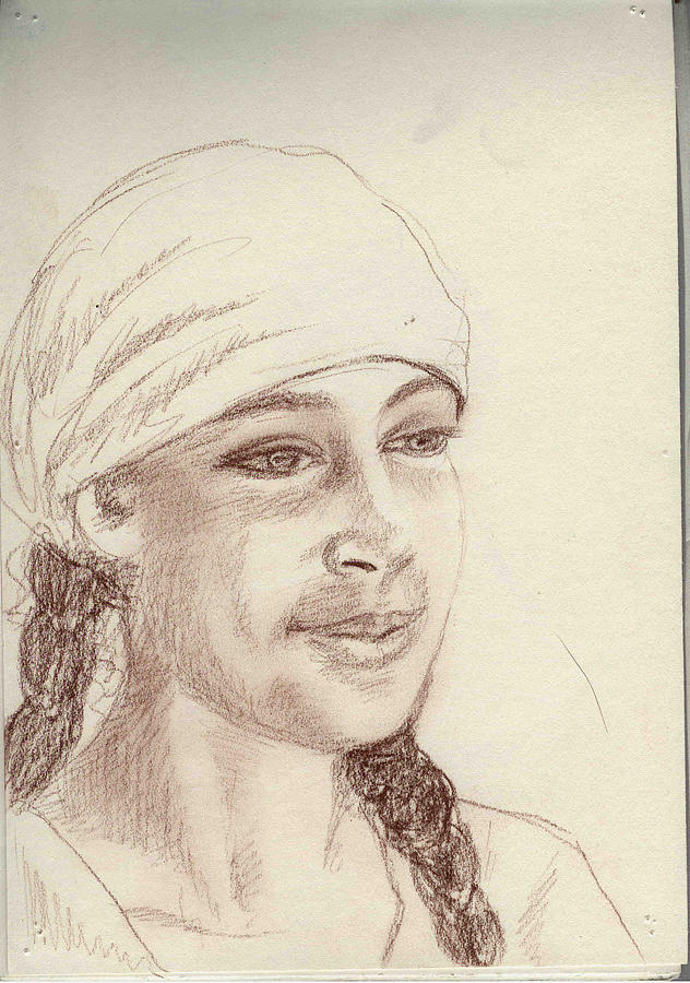 A girl in a scarf Drawing by Asha Sudhaker Shenoy