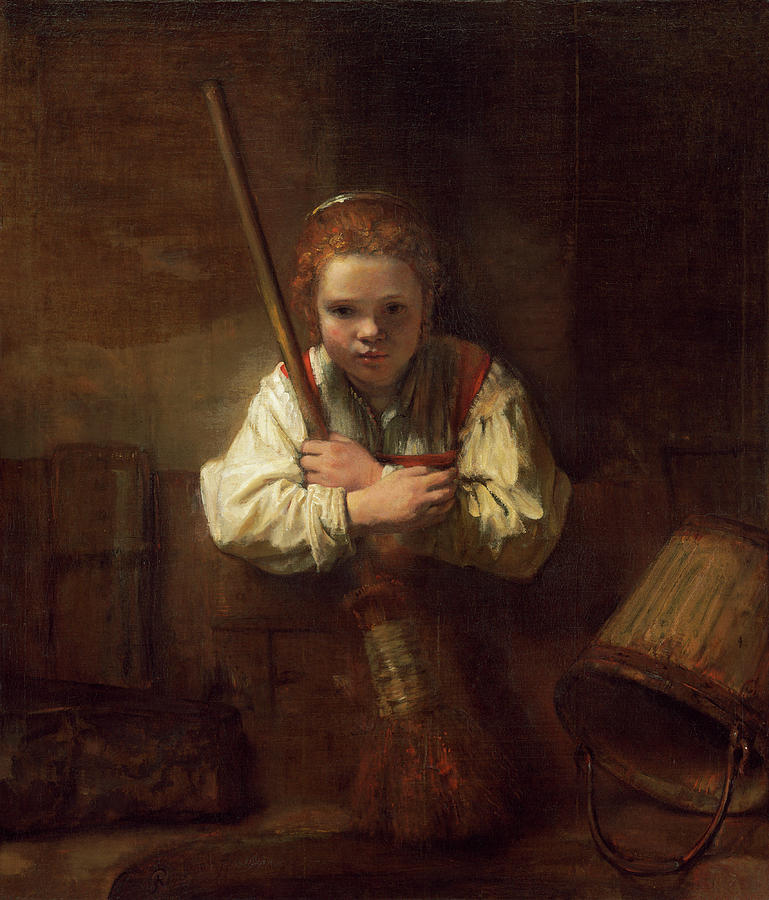 A Girl with a Broom Painting by Rembrandt Workshop